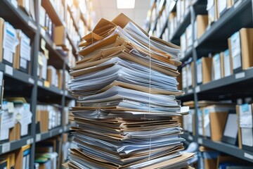 Obraz premium Closeup of piled high paperwork and files on office shelves, bustling and busy office setting, attention to detail