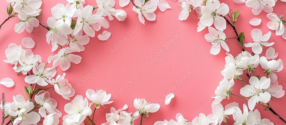 Aufkleber top down view of a floral design created with white spring blossoms against a pink backdrop with cop