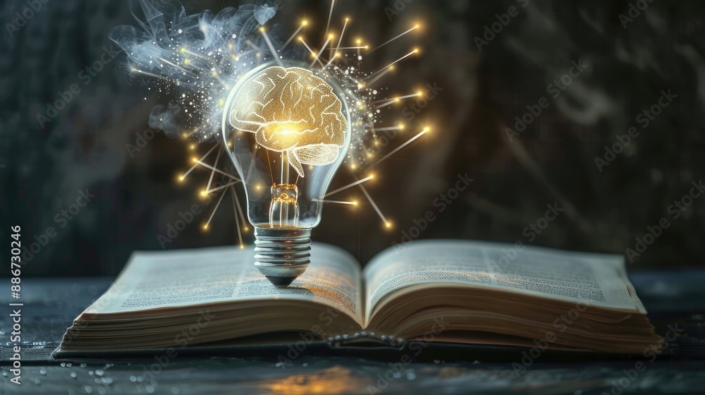 Poster light bulb with a brain and cogwheel flying over an open book, symbolizing innovation and knowledge.