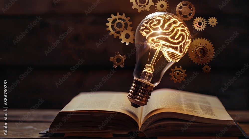 Poster light bulb with a brain and cogwheel flying over an open book, symbolizing innovation and knowledge.