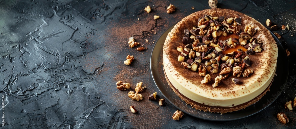 Poster delicious cheesecake with mascarpone truffle cream chocolate icing and cognac syrup topped with nuts