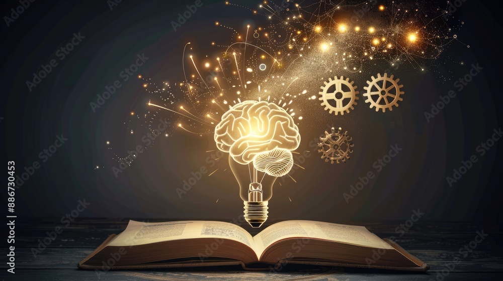 Poster light bulb with a brain and cogwheel flying over an open book, symbolizing innovation and knowledge.