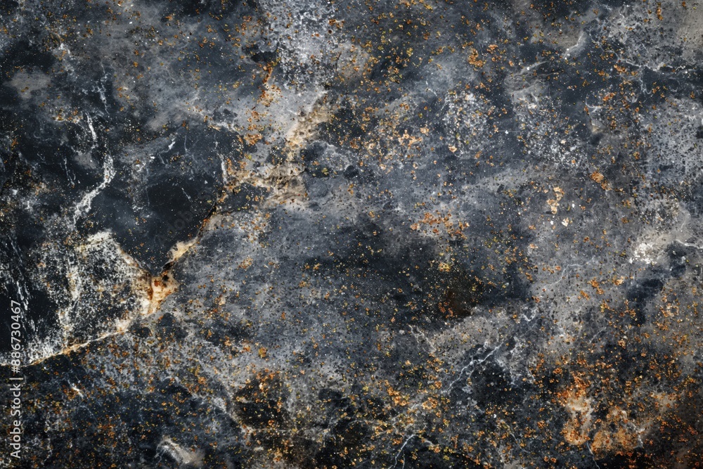 Poster Close-up view of black and white marble surface with rough texture and gold flecks. Blurred background highlights intricate details. Suitable for tech, eco, luxury, and design projects.