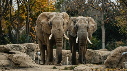 Two adult elephants walking side by side in the zoo