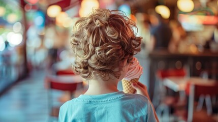 Fototapeta premium Rear View Of Boy Eating Ice Cream Cone