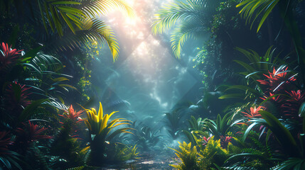 Obraz premium Rainforest Tropical Plants in Neon Frame