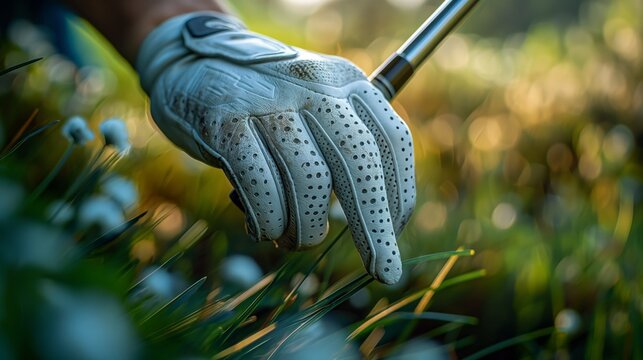A close-up of a gloved hand gripping a golf club in green grass.