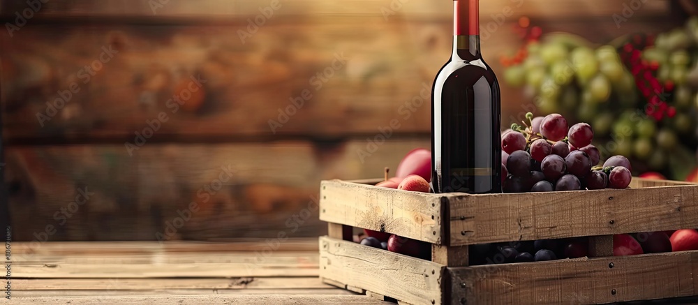 Aufkleber wooden crate open with a wine bottle placed on a table a copy space image is available