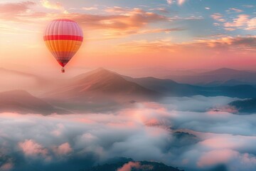 Fototapeta premium Hot Air Balloon Soaring Over a Misty Mountain Landscape