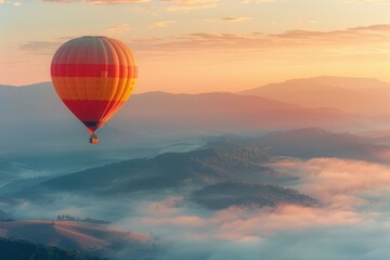 Obraz premium Hot Air Balloon Soaring Above Misty Mountains at Sunrise