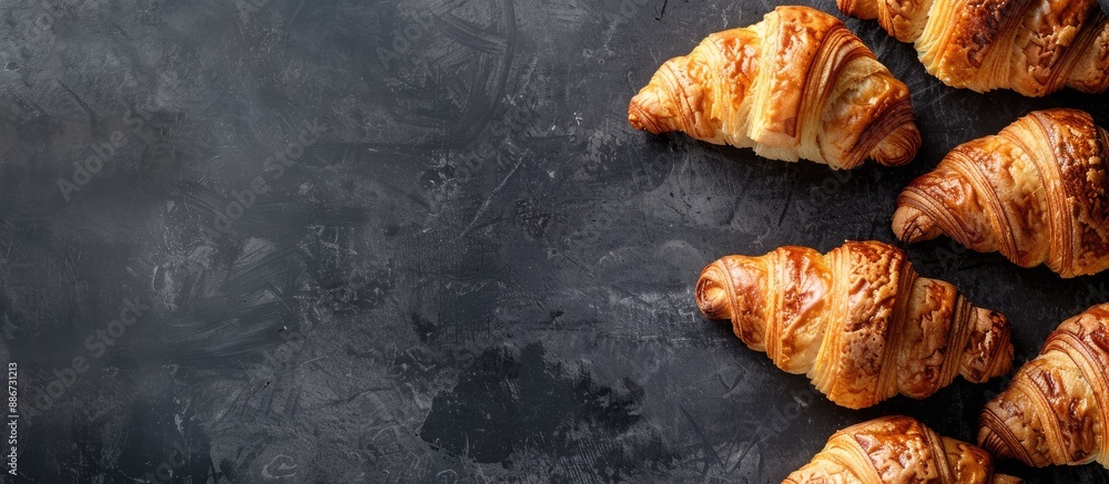 Poster vintage dark background displaying fresh traditional french croissants from an overhead perspective 