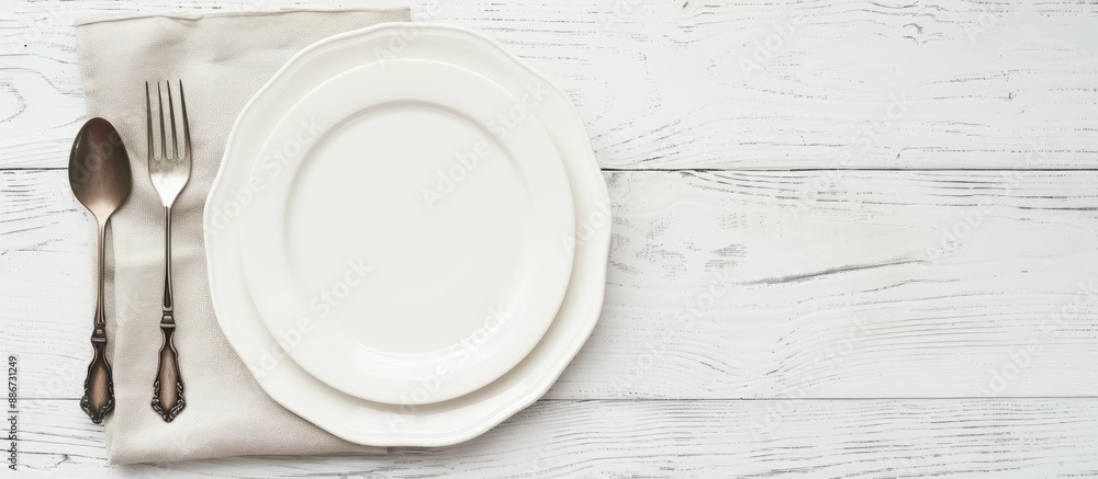 Poster top down view of dining setting with an empty plate cutlery and napkin on a white wooden surface fea