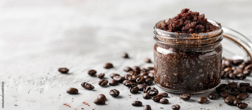 Poster jar with body scrub and coffee beans on a light background with empty space for text or images copy 