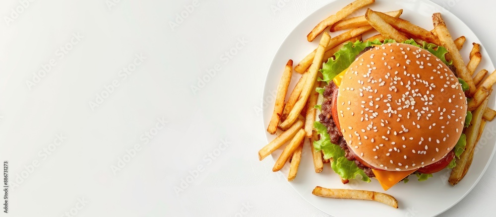 Poster top view of a tasty american cheeseburger with french fries on a white plate set against a white bac