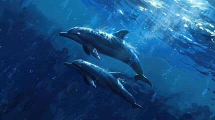 Fototapeta premium Graceful dolphins gliding through the deep blue sea with one leading the way