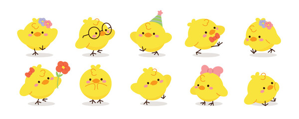 Set of cute easter chicks vector. Happy Easter animal element with yellow chicks in different pose, flower, egg, rabbit. Chicken character illustration design for clipart, sticker, decor, card. © TinyBell