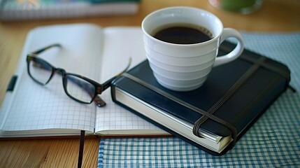School notebook with glasses and coffee on table