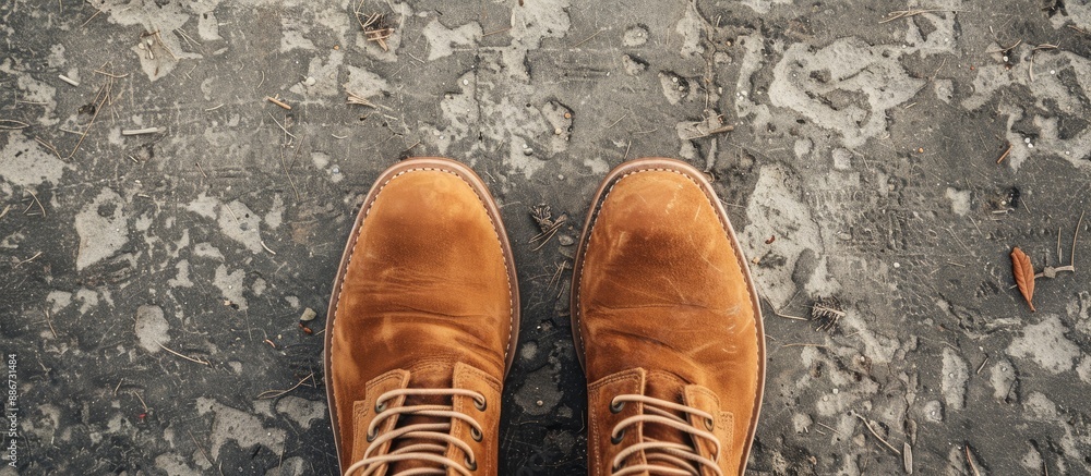 Aufkleber top view of brown suede boots on a concrete surface with ample copy space image