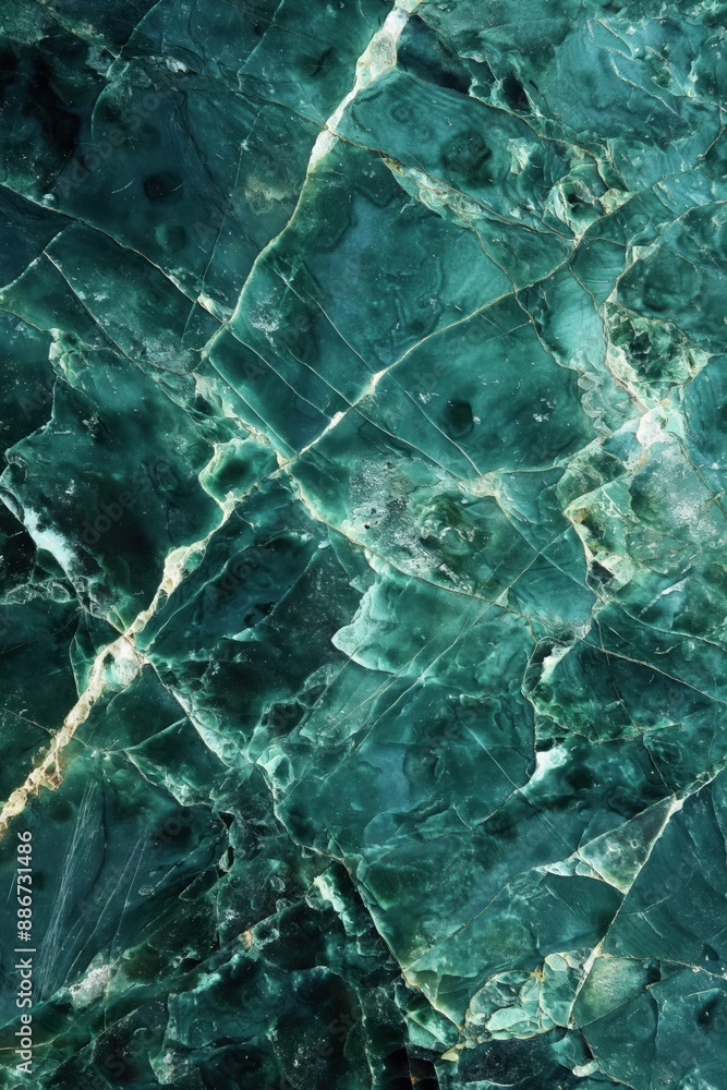 Poster Green marble surface close-up. Unique texture with small cracks adds depth. Subtle brown hints due to natural origin or minerals. Slightly elevated angle shows intricate details.
