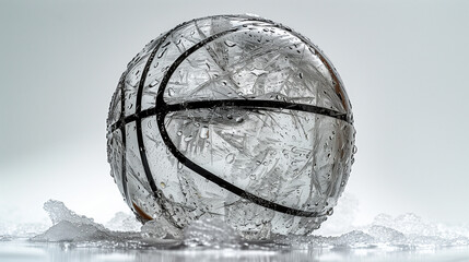 High-Angle Metallic Ice Basketball in Bright White Studio, Captured with Leica 8k Camera and Sigma 85mm Lens