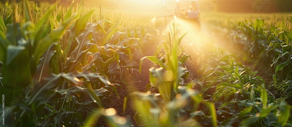 Poster watering a maize field using a pump system with a background featuring ample copy space image