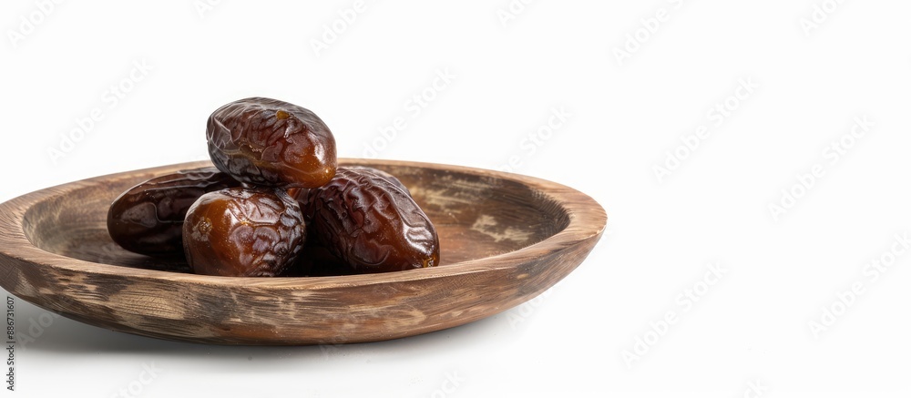 Poster medjool date fruit displayed on a white background on a rustic serving plate creating an isolated co