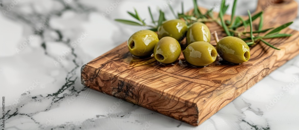 Poster light background showcasing a tempting arrangement of fresh green olives on a wooden board creating 