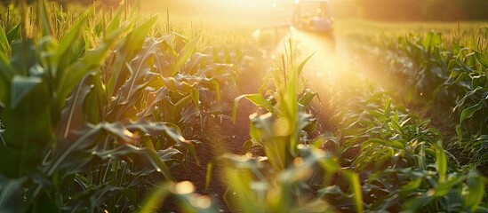 Watering a maize field using a pump system with a background featuring ample copy space image