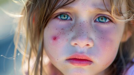 Young caucasian girl with allergic reaction due to bee sting on her face Redness and itching on her face Danger of anaphylactic shock