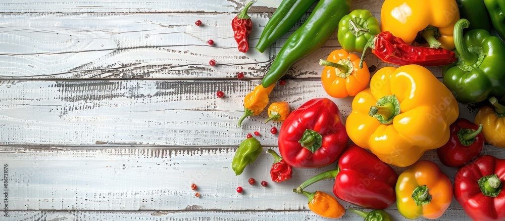 Poster vibrant green yellow and red peppers displayed on a white wooden table with a wooden background crea