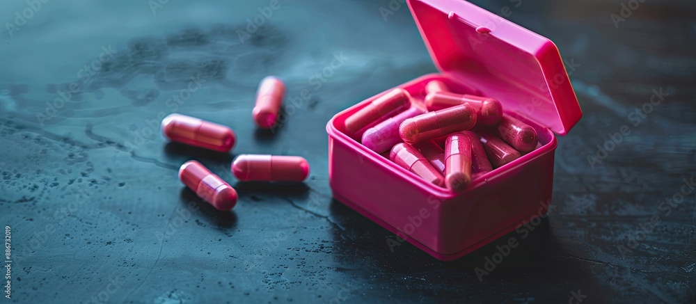 Poster macro photograph of a pink pillbox filled with capsules and tablets set on a dark surface representi