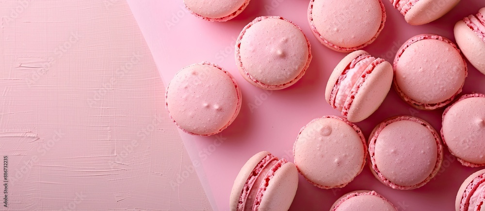 Poster sweet and delicious dessert displayed in a top view flat lay style on a pink paper background with p