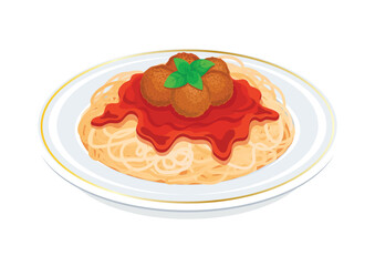 Spaghetti and meatballs vector illustration. Spaghetti with meatballs and tomato sauce icon isolated on a white background. Plate of spaghetti drawing. Italian-American pasta dish