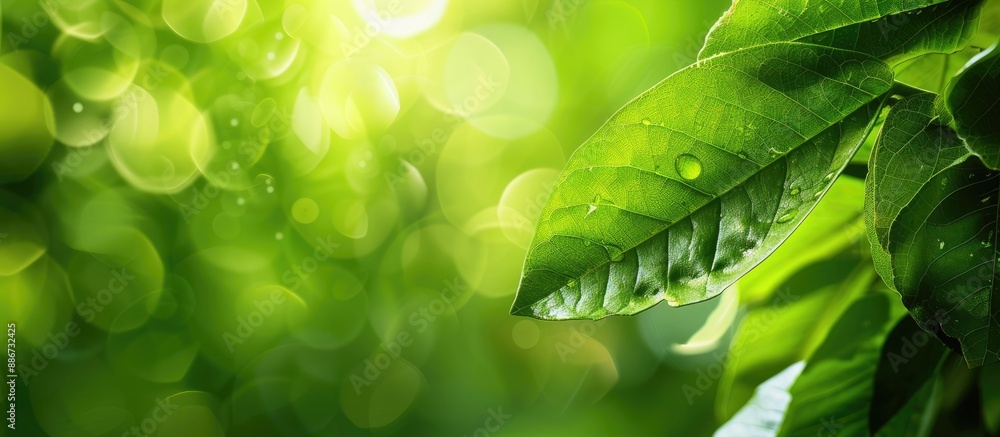 Sticker A close up view of a stunning green leaf set against a blurred green backdrop in a garden ideal as a cover page with copy space image