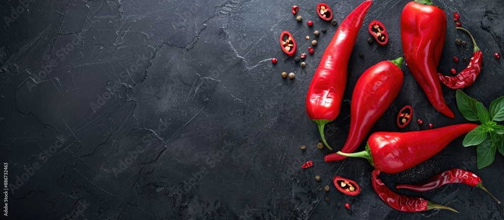 Poster red peppers arranged on dark surface with copy space image