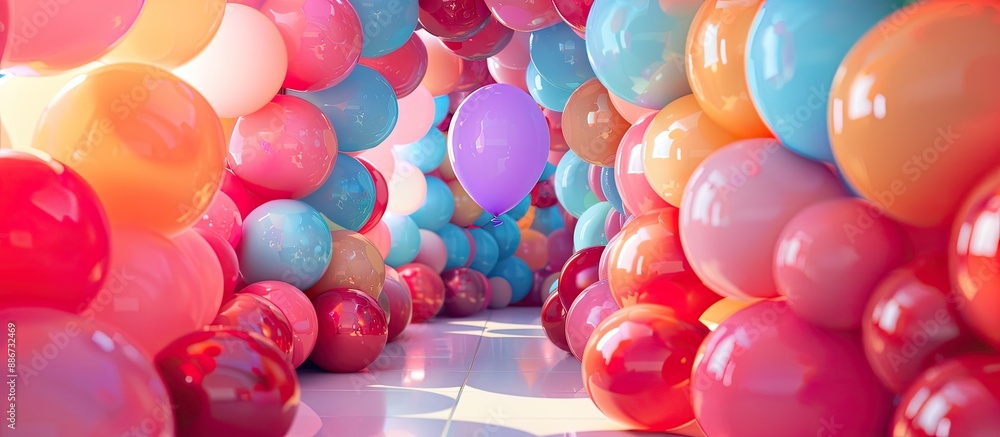 Poster a colorful assortment of balloons seen through a balloon tunnel with a violet balloon rising set aga