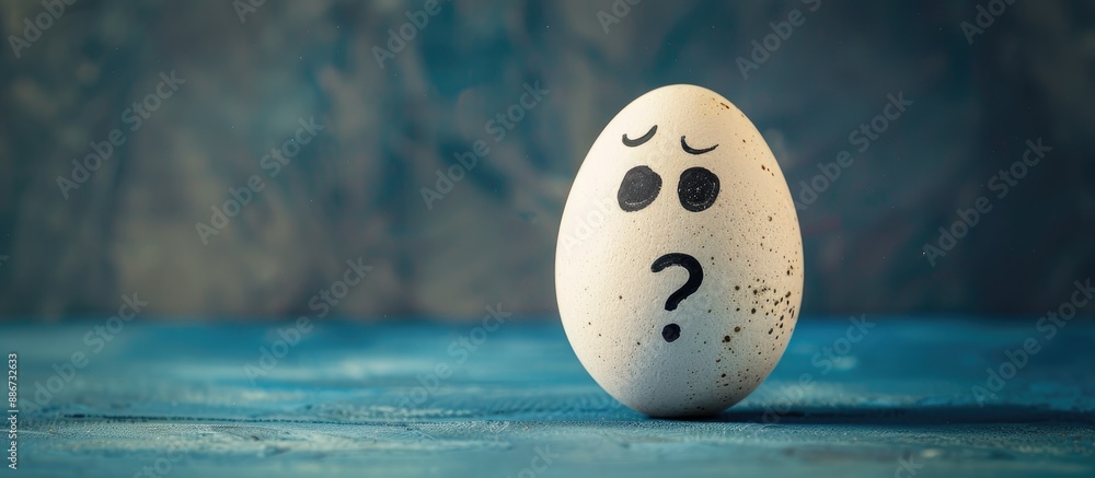 Poster a single painted egg shows a surprised face with a question mark on a blue background includes copy 