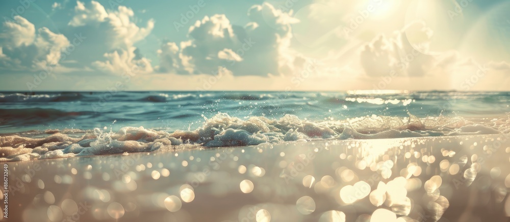 Canvas Prints Vintage toned photo of a tropical beach with a blurry bokeh effect featuring the sun s rays waves and a blue sky with white clouds ideal for travel and vacation concepts with copy space image