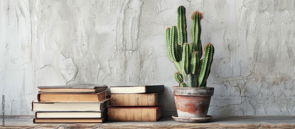 Poster table featuring books alongside a large cactus in a pot set against a white grunge wall with ample e