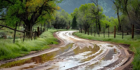 Fototapeta premium Wet Colorado backcountry road after spring showers near irrigation ditch. Concept Nature, Colorado, Backcountry, Spring, Rain