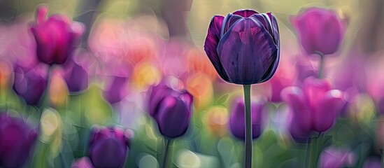 A deep purple tulip in full bloom in a spring garden with a blank space for text copy space image