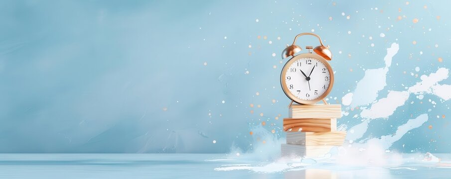 Vintage alarm clock submerged in water with a splash effect