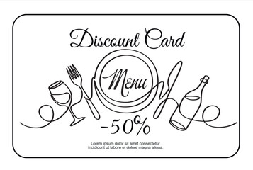 Hand drawn one line vector. Discount card or voucher fast food restaurant or delivery service, template design with one continuous linear food and drinks composition