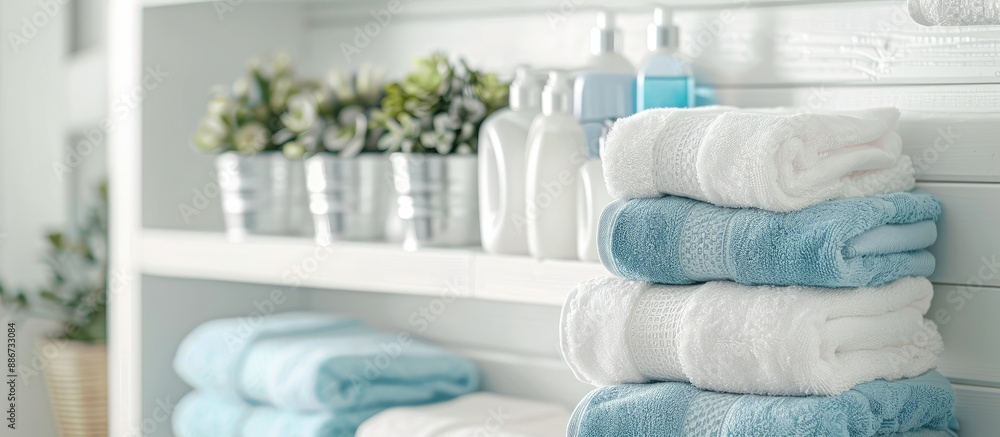 Poster fresh towels arranged neatly in a laundry room with available copy space image