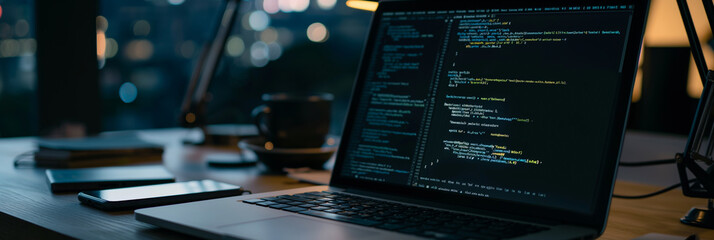 Coding on Laptop in Dimly Lit Office Environment with Coffee and Smartphone