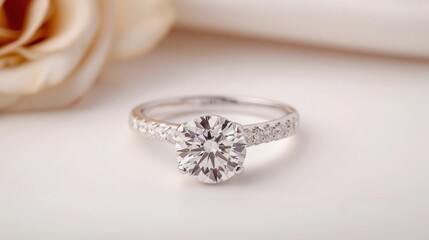 Elegant diamond engagement ring with a solitaire setting, complemented by a soft rose background, highlighting its brilliance and luxury.