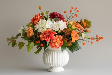 Fototapeta premium Elegant floral arrangement in a white vase featuring vibrant autumn blooms like roses, chrysanthemums, and berries on a neutral background.