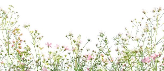 Ideal for spring themed invitations or cards with a delightful arrangement of white and pink wildflowers against a white backdrop for text placement providing ample copy space image © Ilgun