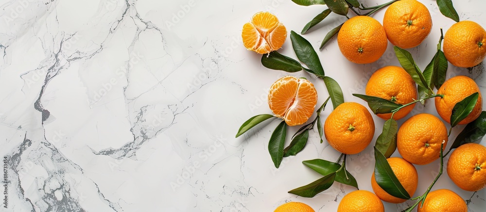 Aufkleber top view of clementines with leaves on a white marble surface offering ample copy space in the image