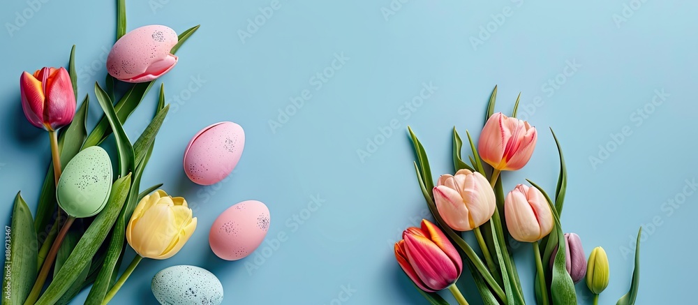 Poster close up view of colorful easter eggs and a spring tulip bouquet on a light blue backdrop ideal for 